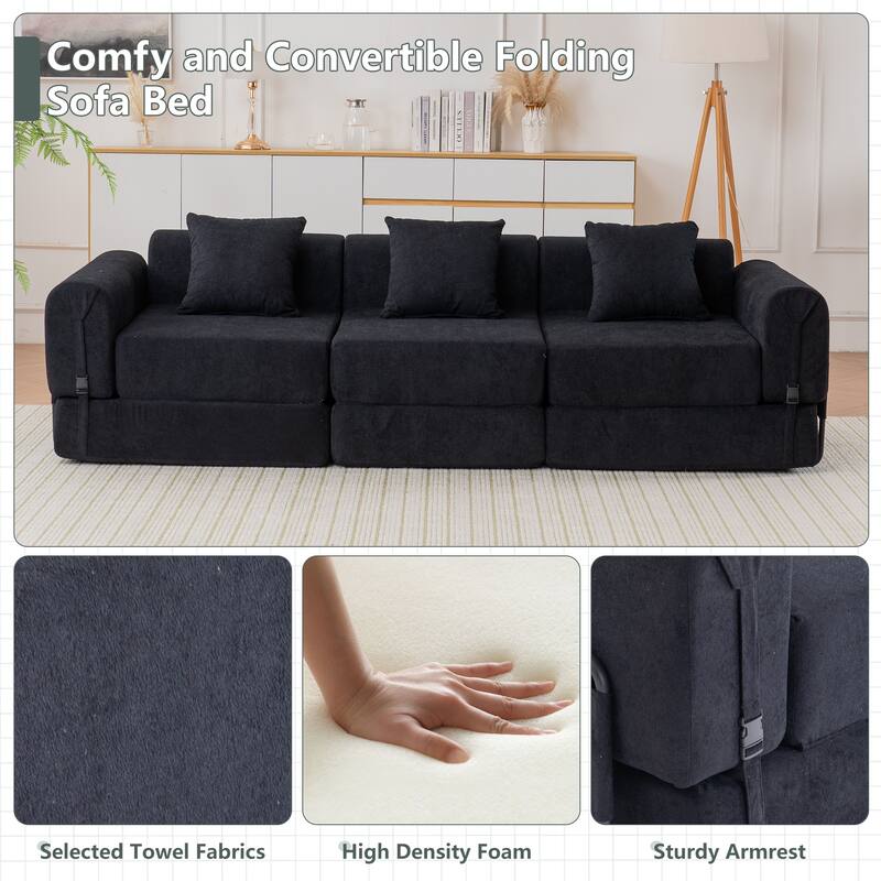 Folding Recliner Sofa 3-seater Straight Row Sectional Sofa Convertible Sleeper Sofa Bed, Fold Out Floor Couch Modular Sofa