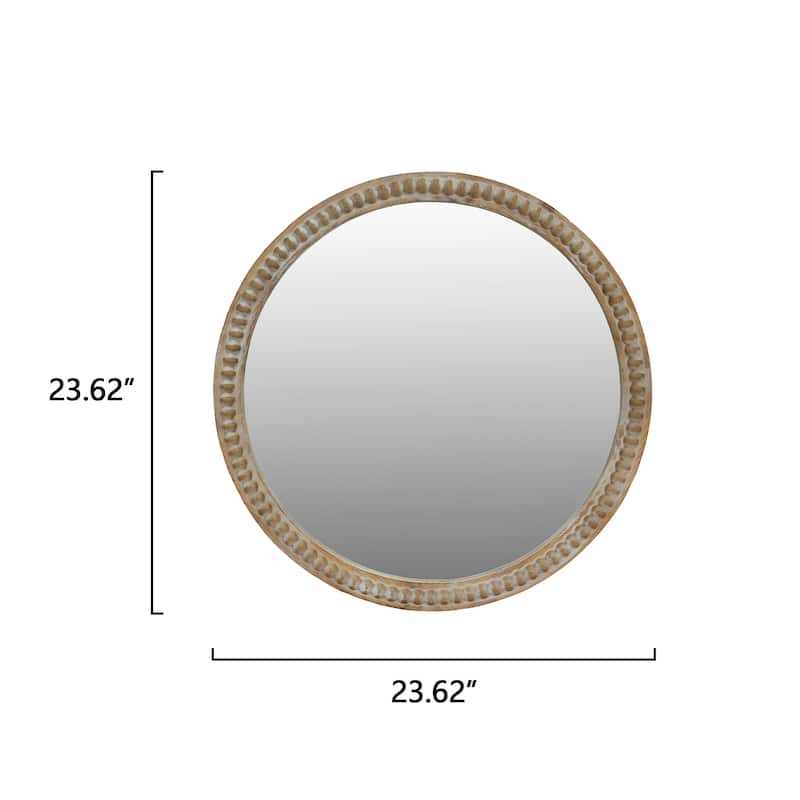 Round Decorative Wall Mirror, 23.62" Distressed Wood Beaded Frame Mirror for Entryway, Living Room, Bathroom - Natural Wood