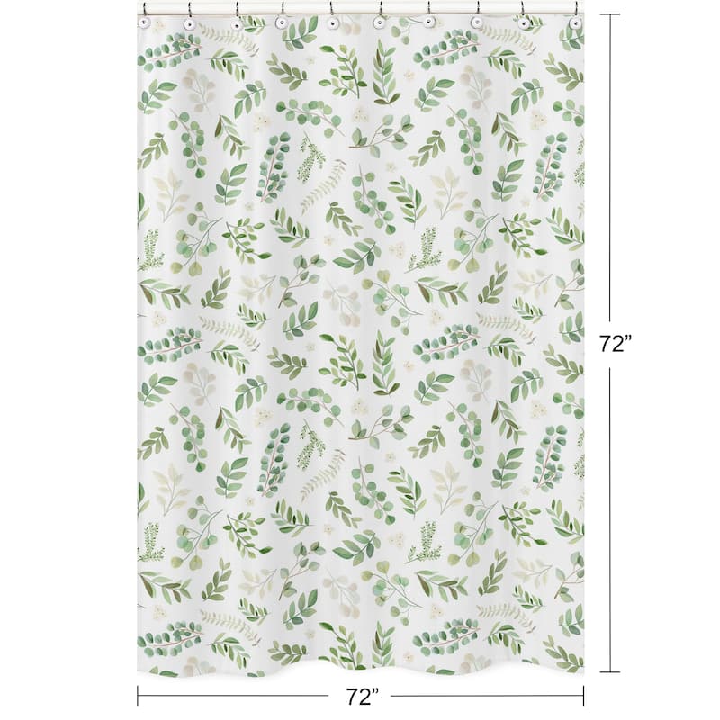 Floral Leaf Collection Bathroom Fabric Bath Shower Curtain - Green and White Boho Watercolor Botanical Woodland Tropical Garden