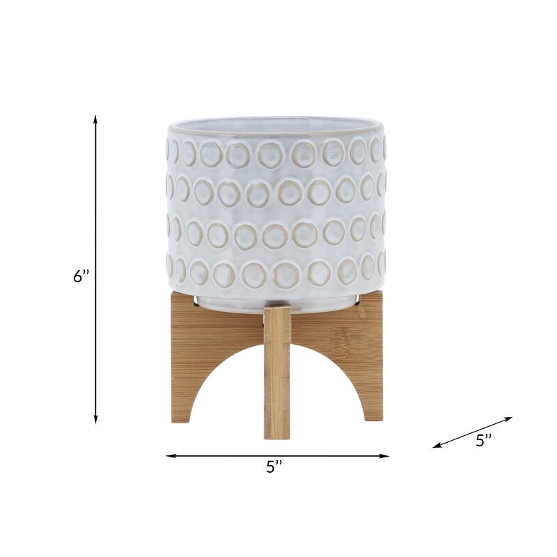 Sagebrook Home Ceramic Planters: Elevate Your Greenery with Stylish Bamboo Wood Stands - Perfect Home Decor Accessory