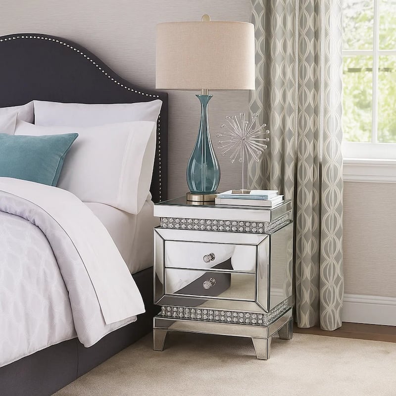 2 Drawer Mirror Inlay Accent Table with Faux Crystal Accents, Silver