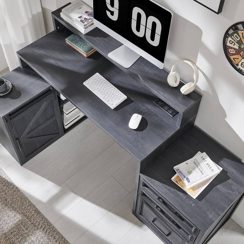 Modern Farmhouse Home Office Desk, Computer Desk with File Cabinet