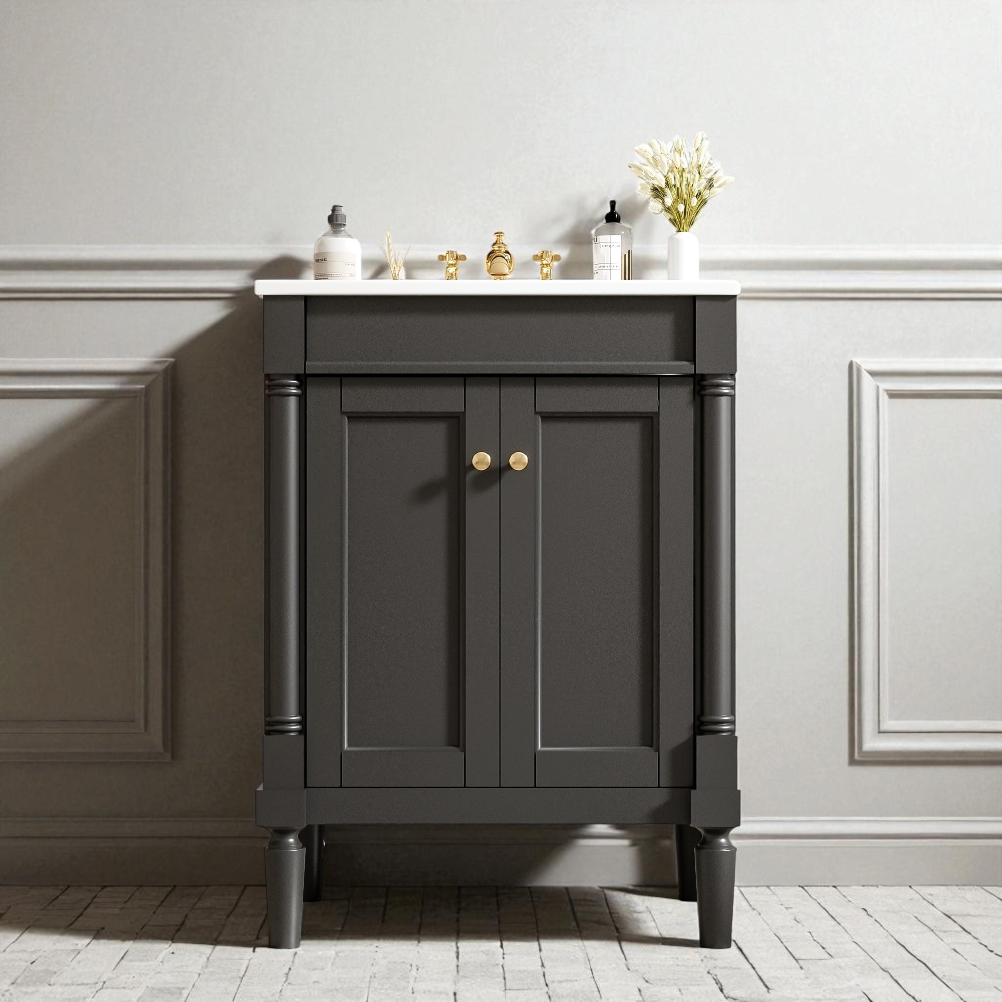 24 Inch Bathroom Vanity with Ceramic Sink, 2-Door Storage Cabinet, Solid Wood Frame, Soft-Close Hinges