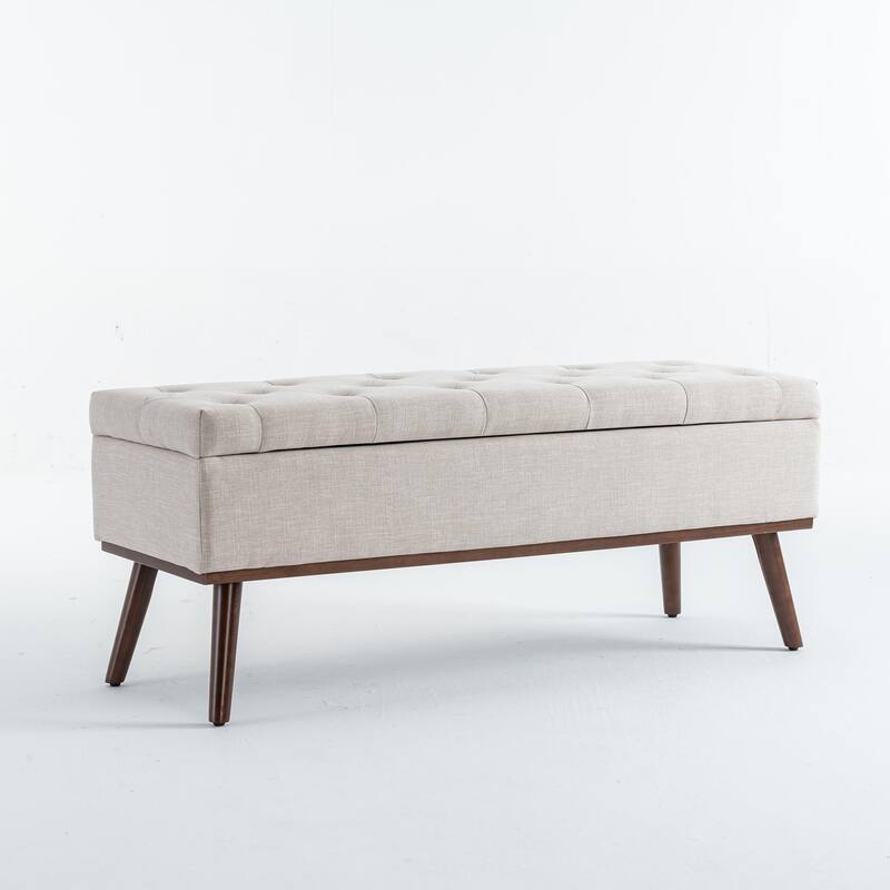 Linen Storage Ottoman Bench with Wood Legs, Upholstered Entryway Bench Tufted Mid Century Modern Ottoman Bedroom End of Bed