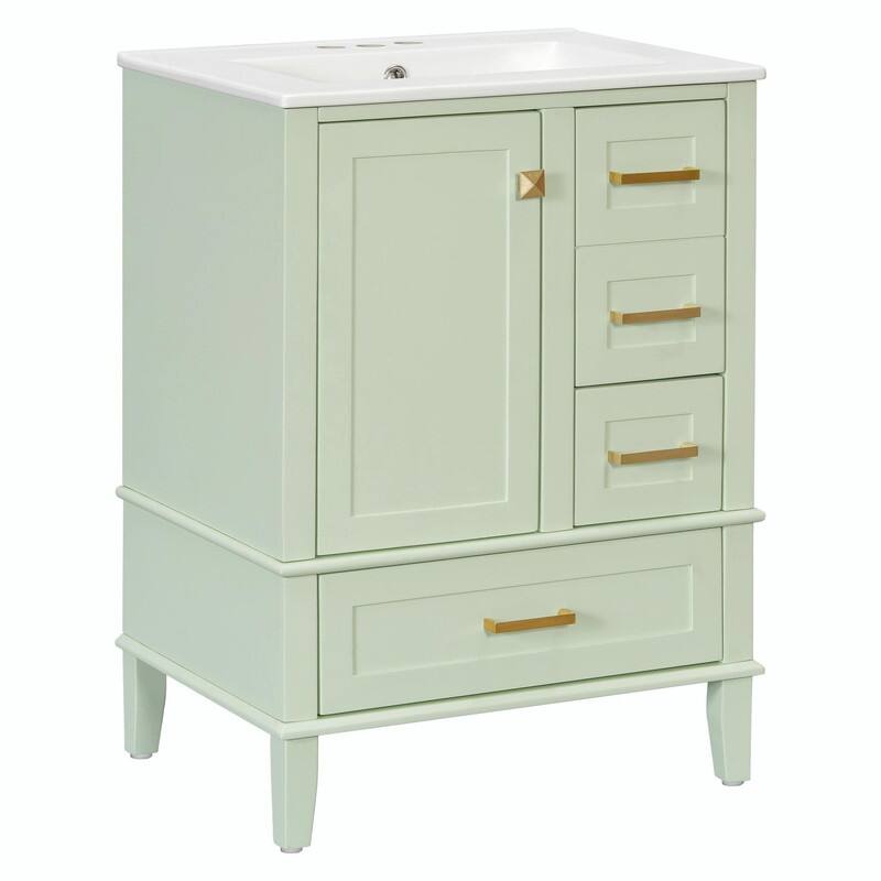 24.8" Bathroom Vanity with Ceramic Sink, Modern Freestanding Cabinet with Soft-Close Door and 3 Storage Drawers