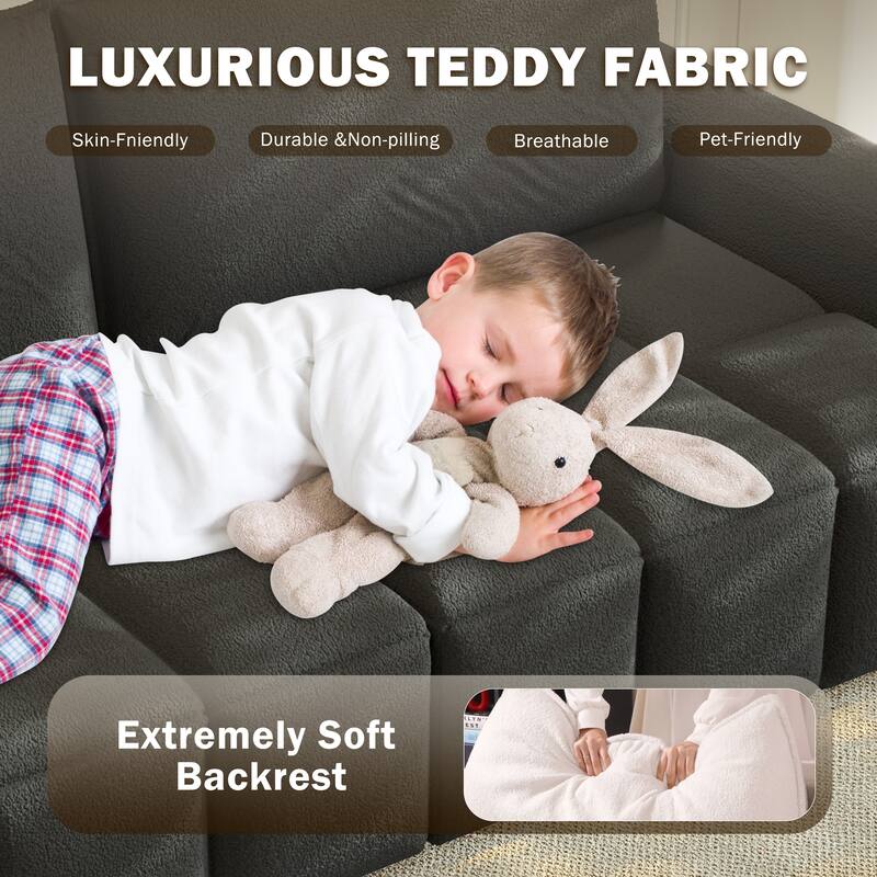 90.2" Comfy 4-Seater Modern Teddy Fabric Couch with Seats Storage, King Size 3-in-1 Convertible Sleeper Sofa Bed