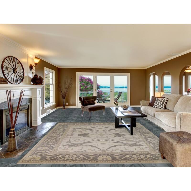 Floral Ivory Oushak Indian Area Rug Hand-Knotted Wool Carpet - 8'3" x 9'8"