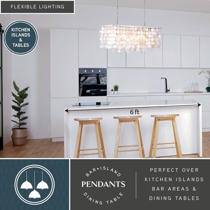 Elsa Satin Nickel Coastal Capiz Shell Rectangular Island Light Pendant Chandelier - 36-in W x 18.25-in H x 15-in D