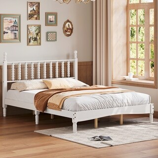 Queen Size Wood Platform Bed with Gourd Shaped Headboard, Retro Style Platform Bed with Wooden Slat Support, White