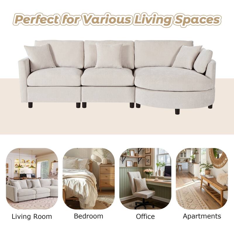 Curved Sectional Sofa, Chenille Fabric Sectional Couch with Chaise and 3 Throw Pillows