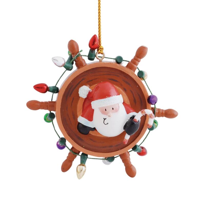 Santa Decorating Ships Wheel Nautical Holiday Ornament Resin - Red