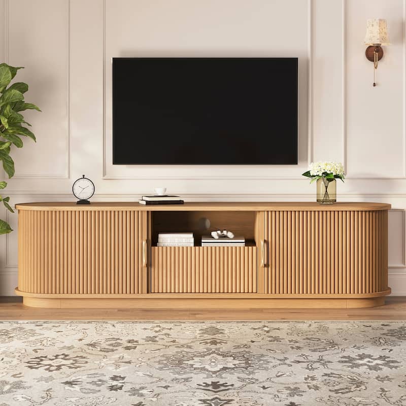 Vintage TV Stand with Sliding Wood Slatted Doors for TVs up to 75", with Drawer, Wood Grain Media Console with Cable Management