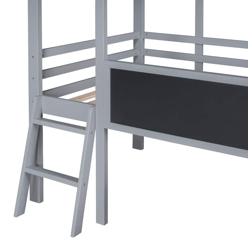 Twin Size Solid Wood Loft Bed with Ladder and Slide, House Bed with Blackboard and Light Strip on the Roof