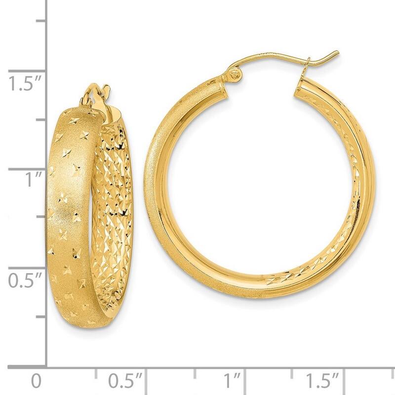 Curata 14k Polished Satin and Sparkle Cut In Out Hoop Earrings - 31.85x29.25mm Wide 5.75mm Thick