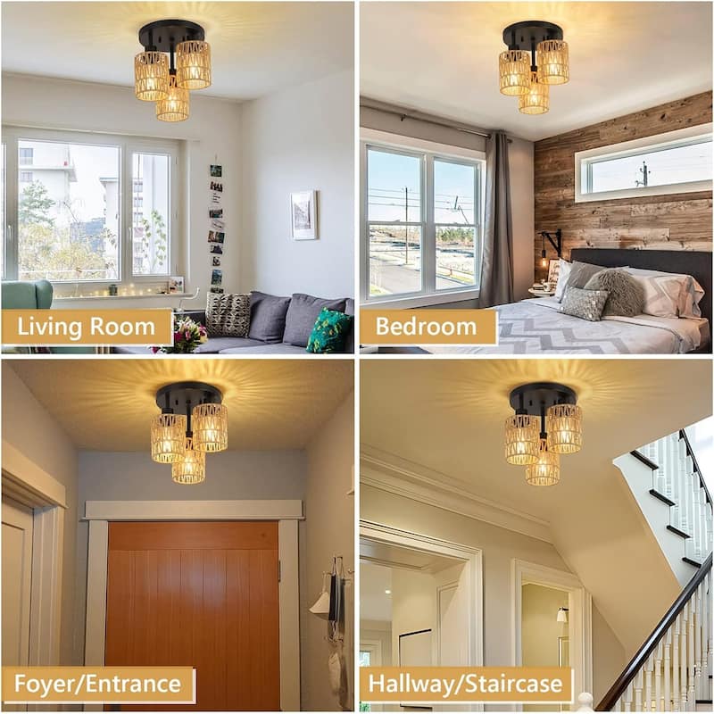 3-lights ceiling light black kitchen light rattan, metal flush mount light