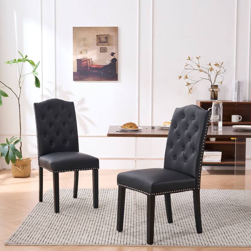 Faux Leather Dining Chair With Elegant Nailhead Accents, Diamond-Button Tufted Back (Set of 2). - Black