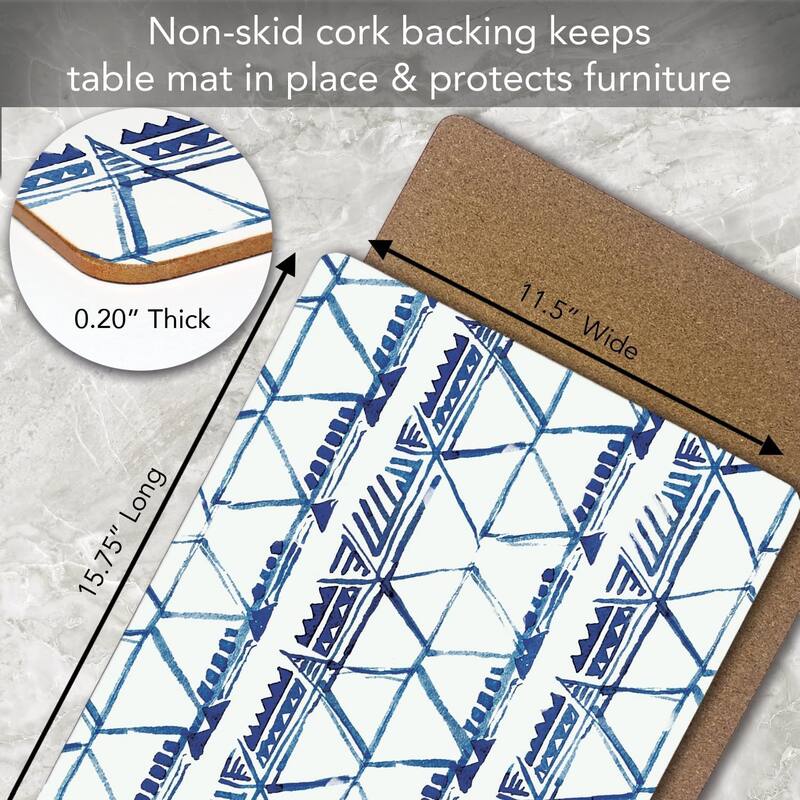 Indigo Triangles Decorative Hardboard Placemats with Protective Cork Backing 4 Pack Heat Tolerant and Easily Wipes Clean