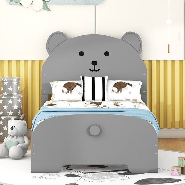 slide 2 of 8, Twin Size Wood Platform Bed with Bear-Shaped Headboard, Footboard, and Wooden Support Gray