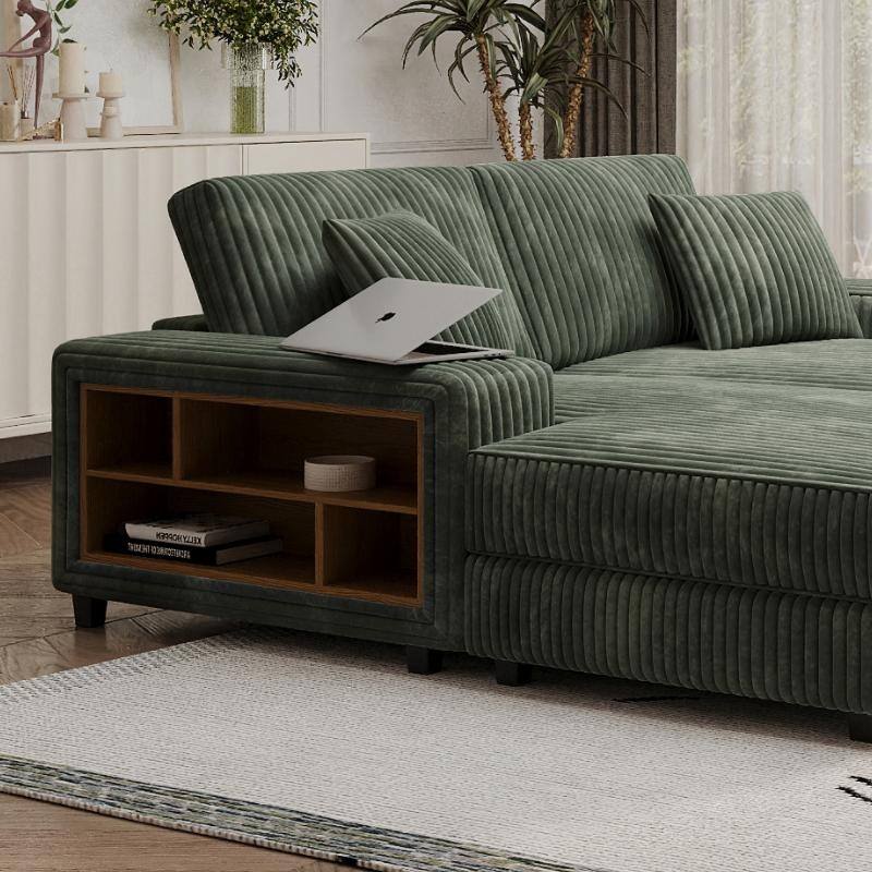Convertible Combination Corduroy Sofa, Green, Wood Frame, 80x61x33 Inches