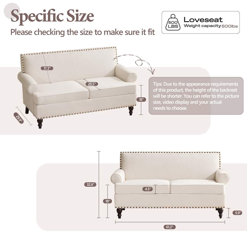 Uniquely Designed Riveted Fabric Sofa, Single Chair Loveseat