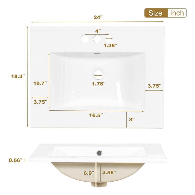 24.8" Bathroom Vanity with Ceramic Sink, Freestanding Cabinet with Soft-Close Door and 3 Drawers, Modern Style