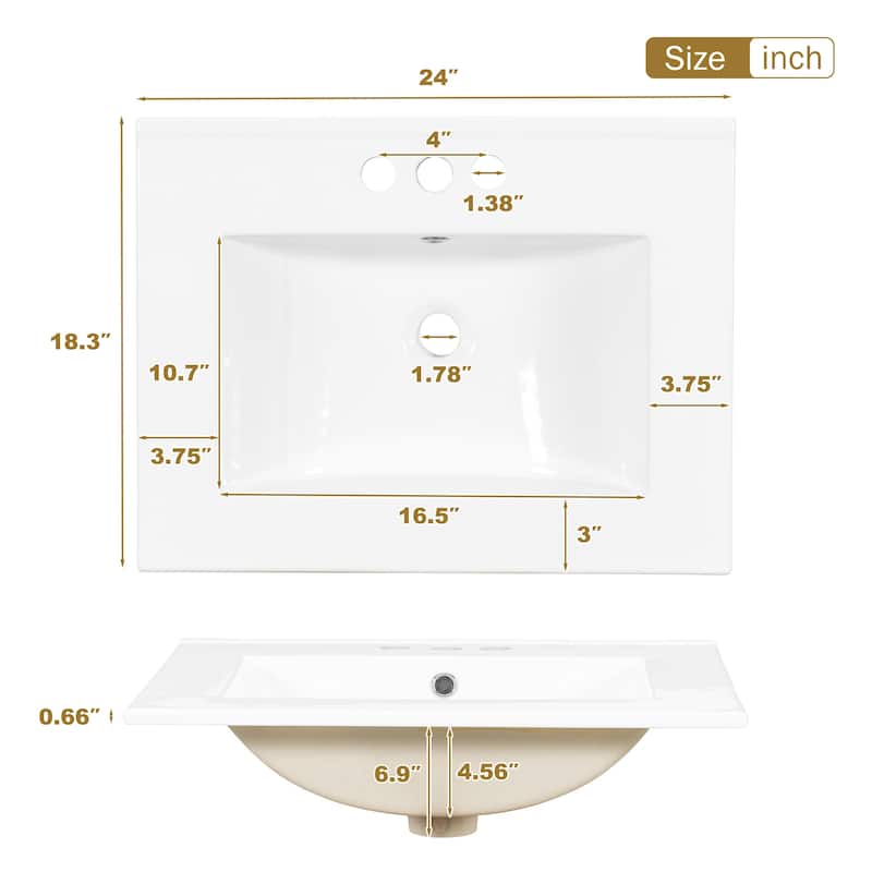 24.8" Bathroom Vanity with Ceramic Sink, Modern Freestanding Cabinet Featuring Soft-Close Door, Deep Drawer