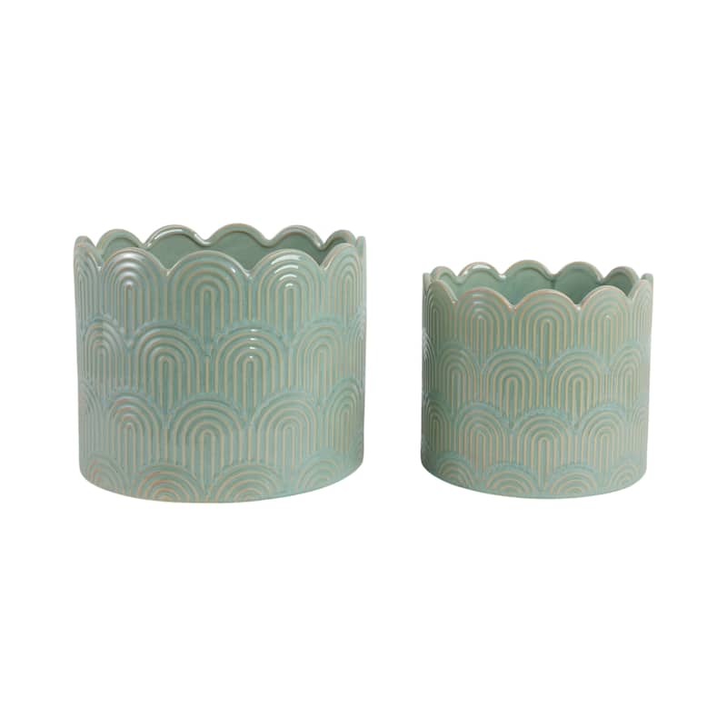 Stoneware Planters Scallop Design and Curved Rim Detail (Set of 2) - Green - 12" x 12" x 9.5"
