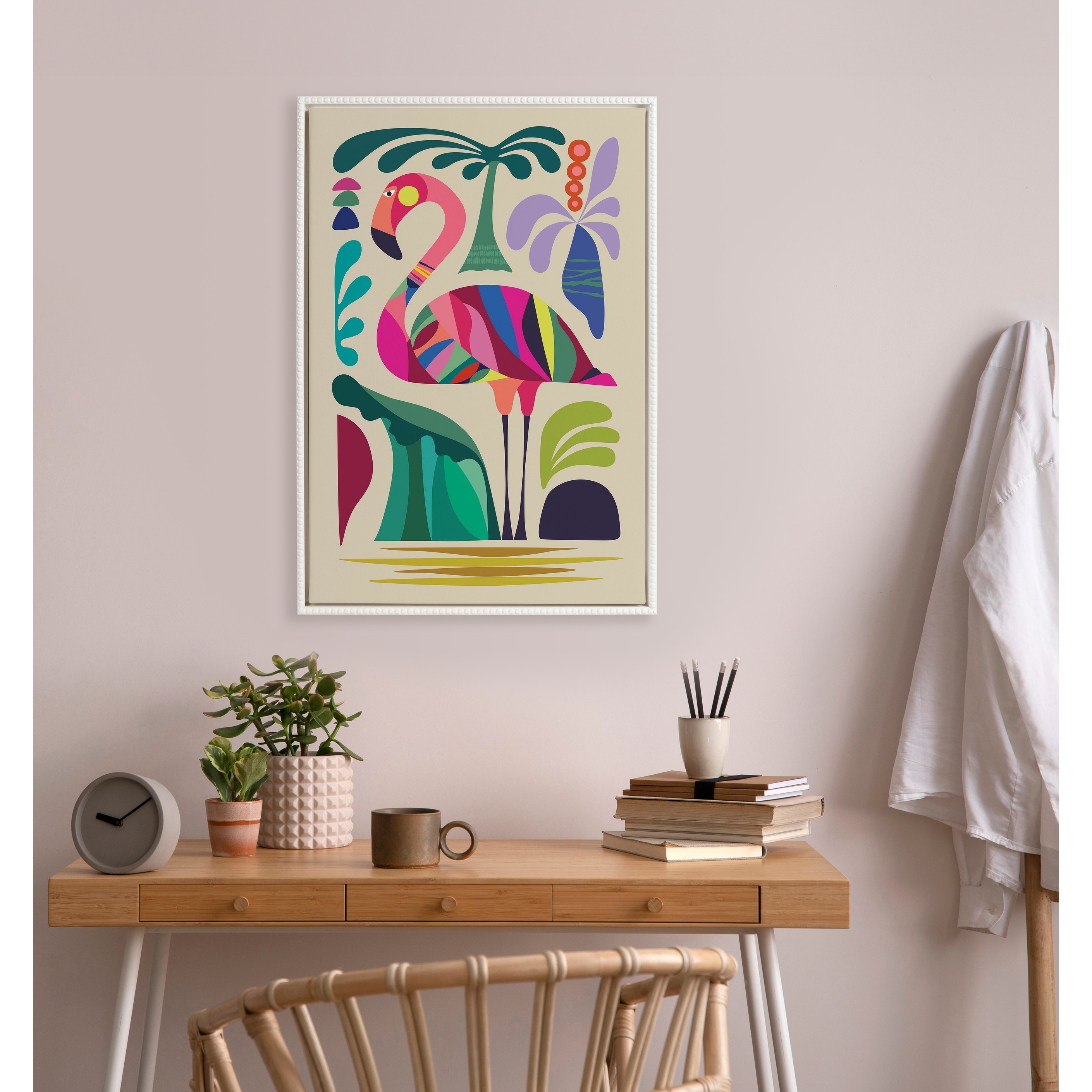 Kate and Laurel Sylvie Beaded MCM Flamingo Framed Canvas by Rachel Lee
