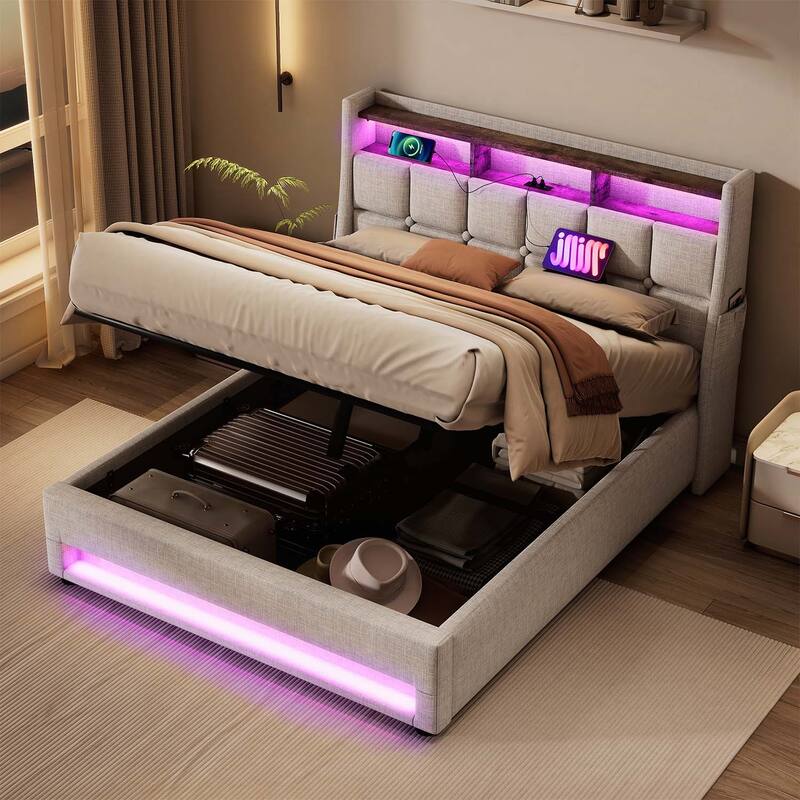 Vintage Design Platform Bed with Hydraulic Storage,LED, and USB Charging,(Mattress Not Included)