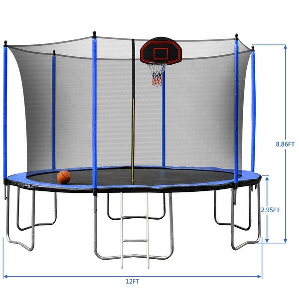 dimension image slide 2 of 3, 12Ft Trampoline with Basketball Hoop Inflator and Ladder, Kids Family Recreational Trampoline for Backyard
