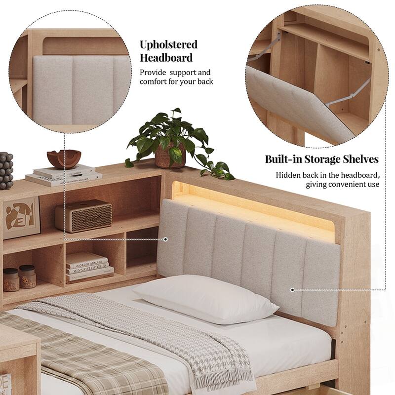 L-shaped Wooden Daybed with Desk and Storage Bookcase with Upholstered Headboard