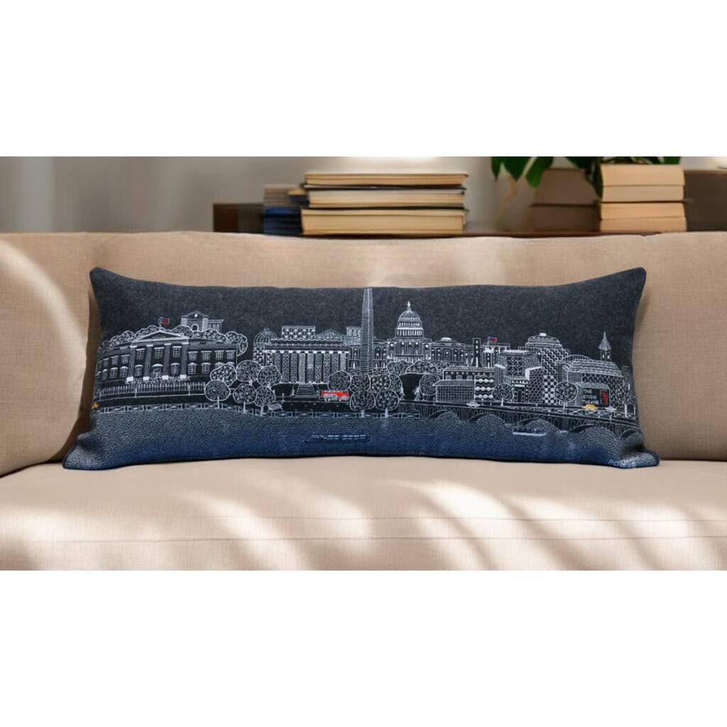 HomeRoots 35" Black Washington DC Nighttime Skyline Lumbar Decorative Pillow