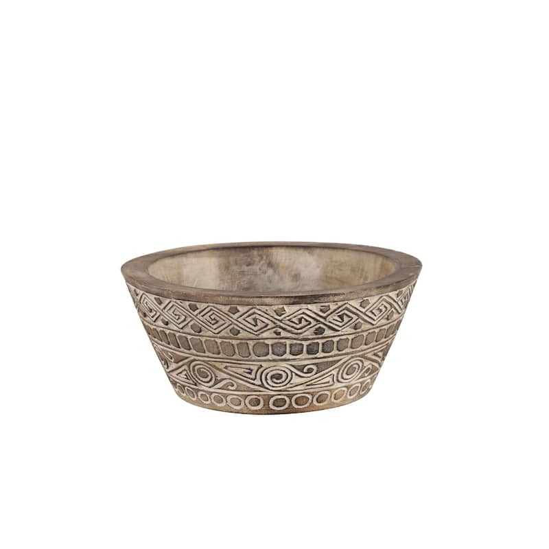 Large Round Decorative Hand-Carved Brown & White Wood Bowl w/ Tribal Design 15.5 x 7 - 16 x 16 x 7Round