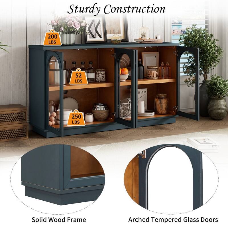 Spruce & Spring 4-Door Large Storage Buffet Cabinet with Glass Doors