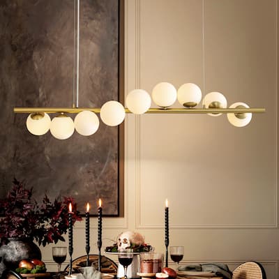 9-Light Modern Linear Cluster Frosted Glass Globe Chandelier in Gold Finish, Dining Room Light