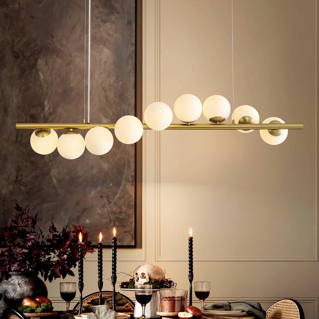 9-Light Modern Linear Cluster Frosted Glass Globe Chandelier in Gold Finish, Dining Room Light