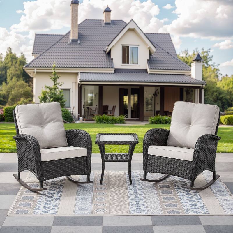 Gymojoy Patio Furniture Set PE Wicker Rocking Chairs & Side Table