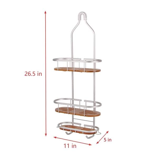 dimension image slide 1 of 4, Utopia Alley Tia Rustproof Teak Overhead Shower Caddy with 3 Shelves, Hanging Shower Head Organizer, Black & Chrome Finish