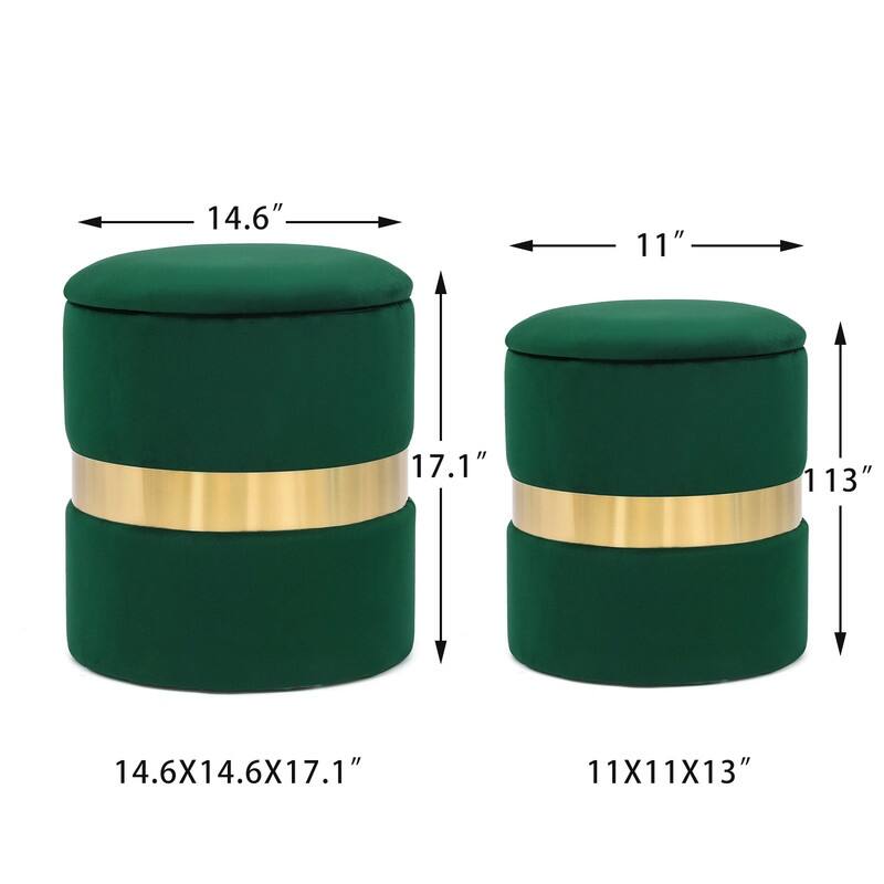 Adeco Set of 2 Velvet Storage Ottoman Round Foot Stool Metal Band