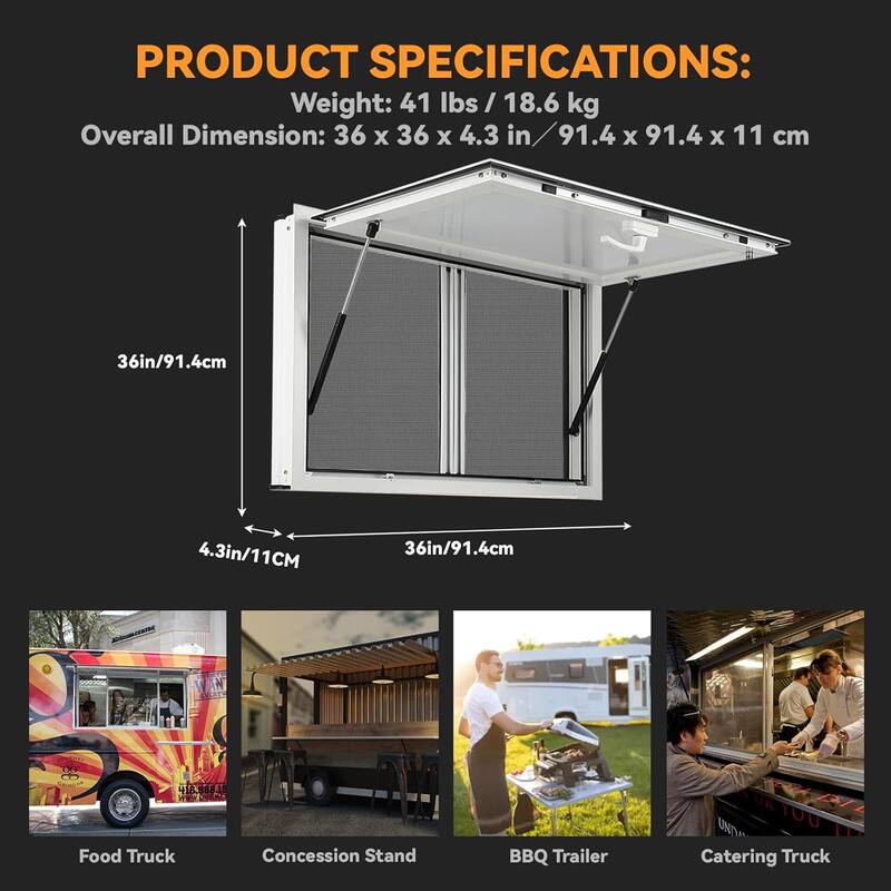 Concession Window for Food Trucks, Food Truck Supplies and Equipment,With 2 screen windows