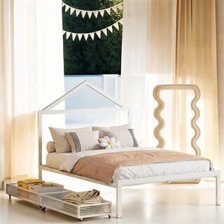 Full Size House Shaped Metal Platform Bed with Drawers