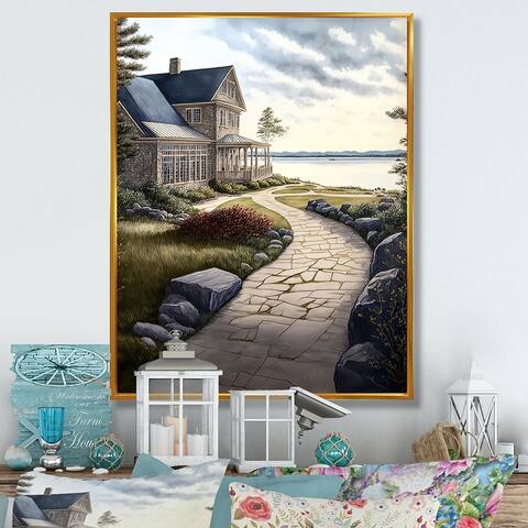 Designart "Charming Cottage On The Water II" Farmhouse / Country Framed Canvas Art Print