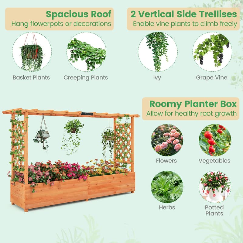 Gymax Raised Garden Bed w/ 2-Sided Trellis & Hanging Roof Fir Wood
