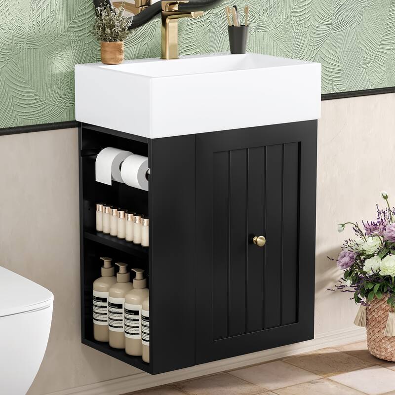 20" Bathroom Vanity with Ceramic Sink - Soft Close Door, Drawer & Side Shelf, Space-Saving MDF Cabinet for Small Bathrooms
