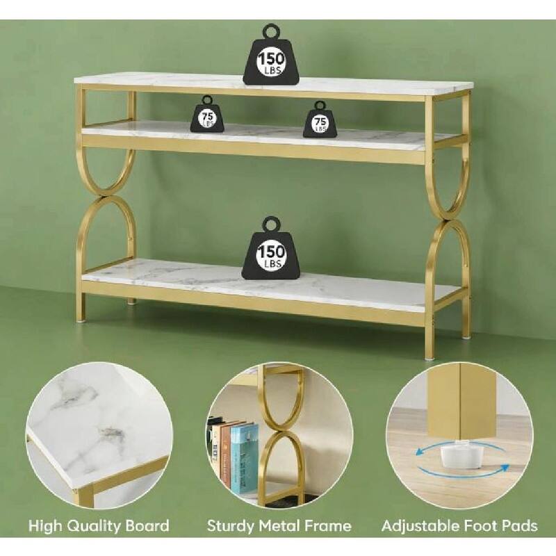 55" White & Gold Console Table with Faux Marble Top and 3-Tier Storage