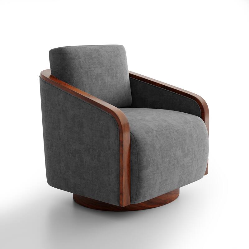 Upholstered Swivel Barrel Chair with Curved Wood Arms