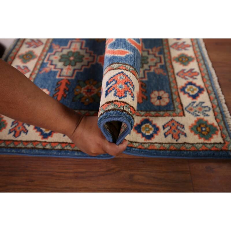 Geometric Kazak Foyer Rug Hand-Knotted Blue Wool Carpet - 2'0" x 3'0"
