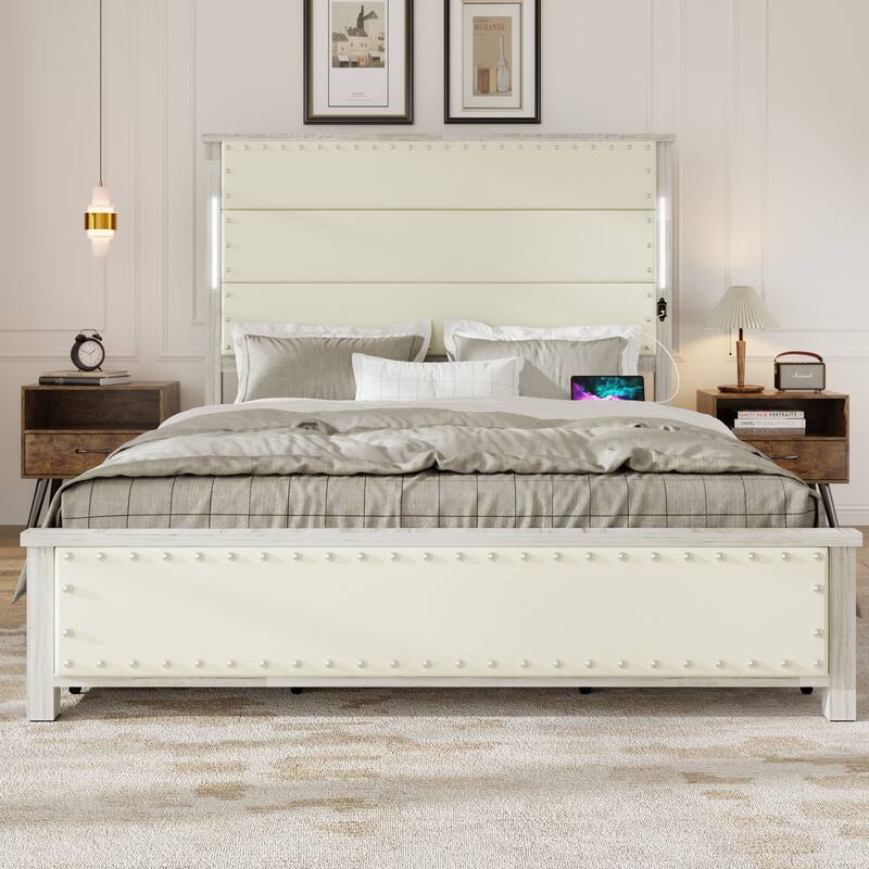Bed Frame with Charging Station and LED Lights, Wood Slats