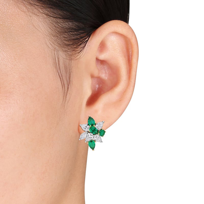 3ct TW Lab-Grown Diamond 2 7/8ct TGW Created Emerald Earrings in 18k Two-Tone Gold