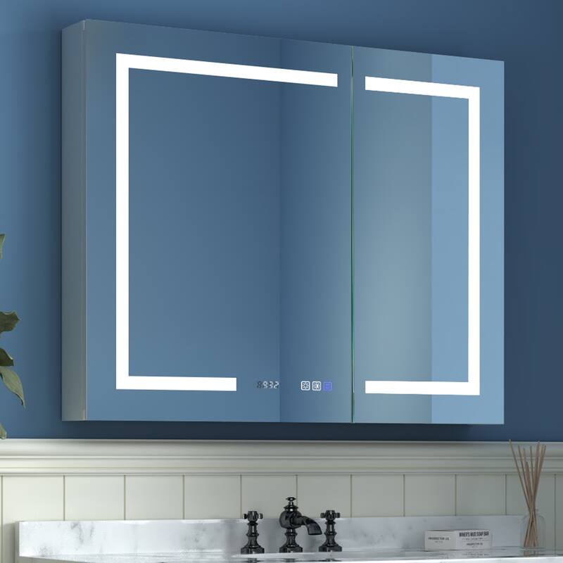 ExBrite LED Lighted Bathroom Medicine Cabinet with Mirror,Recessed or Surface Mount, Defog - 36" x 30" (With Clock)